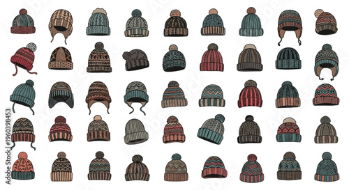 Comprehensive grid collection of various knitted beanie hats in different colors, patterns, and styles for winter fashion.