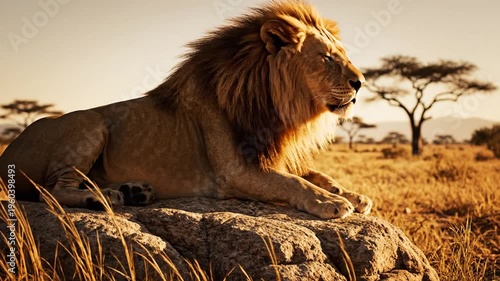 Majestic lion resting on sunlit rocky outcrop in savanna landscape