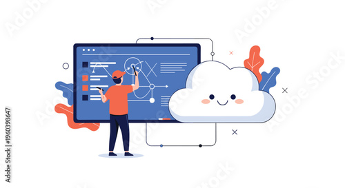 Creative artist designing content on a large digital screen assisted by a friendly smiling cloud character representing cloud creativity.