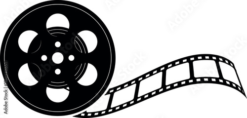  Black silhouette vector illustration of film reel with strip, cinema artwork, movie production design element, filmmaking symbol icon