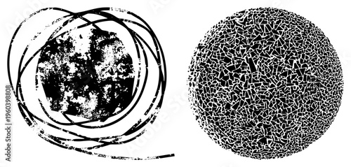 Two stylized circular forms with textured fills, one with chaotic strokes, another fragmented into mosaic, vector art, graphic design element.