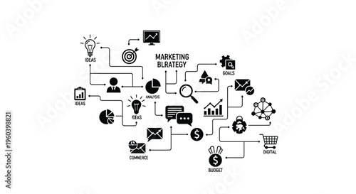 Marketing strategy, business planning, workflow icons, vector, black and white