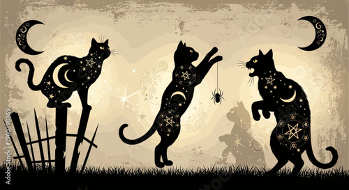 Mystical Black Cats Silhouette Dancing with Spider Under Crescent Moon and Stars
