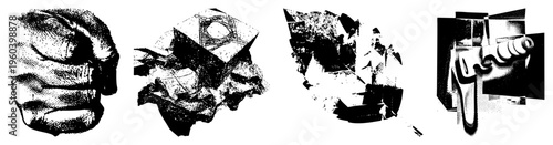 Fragmented 3D shapes rendered in halftone, abstract composition, graphic design elements, vector art, geometric abstraction, isolated forms, black and white.