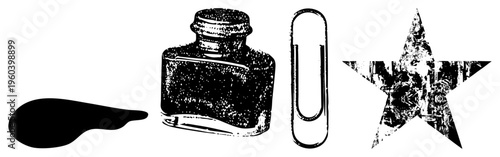 Retro ink bottle with droplet, metal paperclip, distressed star graphic classic office & stationery symbols rendered in halftone texture, vector style.