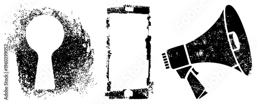 Distressed halftone symbols representing access, communication, and amplification, ideal for retro digital themes or protest art. Keyhole, phone, megaphone with gritty texture.