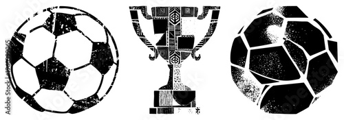 Classic football featuring textured, stylized trophy design, black and white vector graphics, sports victory symbols, athletic achievement motifs.