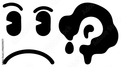 Frowning emoji with downturned mouth and teardrop, question mark dripping from head, digital, confused sadness, vector illustration.