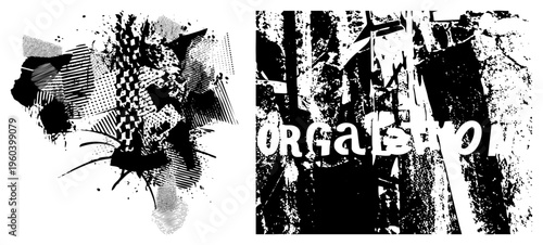 Bold graphic composition using halftone dots, splatter textures, and fragmented typography, ideal for modern art or gritty design projects.