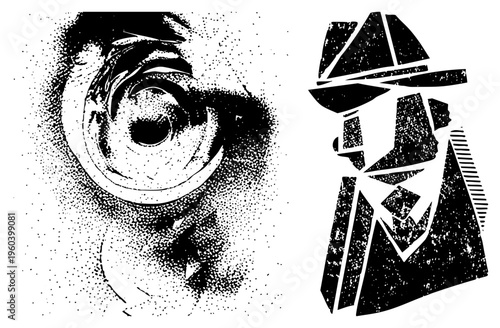 Abstract halftone eye graphic and geometric detective figure, noir illustration, vector art, black and white, graphic design, mystery theme.