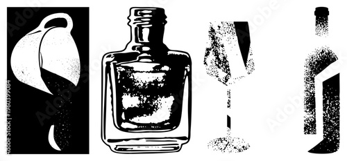 Classic halftone print style depicting wine glass, perfume bottle, cocktail shaker, and liquor bottle, isolated vector art for graphic design, featuring stippled textures and clean.