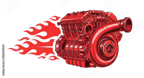 Powerful Red Engine with Flames, Turbocharged Power, Automotive Performance