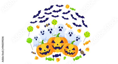 Spooky Halloween Circle Design: Ghosts, Pumpkins, Bats, and Candy