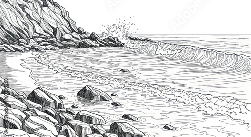 Ink drawing of a rocky coastline with crashing waves and a sandy beach