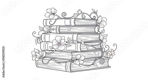 Stack of Vintage Books Decorated with Delicate Flowers and Vines, Line Art Illustration