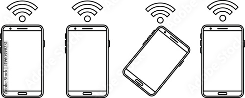 Black silhouette vector illustration of smartphones with wireless signals, mobile communication artwork, connectivity design element, technology symbol icon