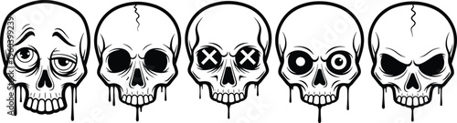 Skull head character set with dripping liquid effect featuring various emotions and expressions in a bold black and white line art vector style
