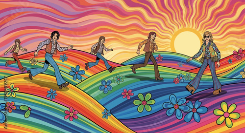 Retro 1970s Hippie Group Running Through Psychedelic Rainbow Hills with Flowers