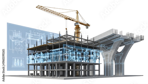 Construction Site CAD Blueprint with Tower Crane, Civil Engineering Architecture 3D Layout Drawing on White Background