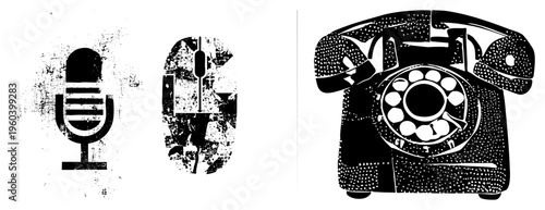 Bold black vector retro tech mic, mouse, rotary phone with halftone & grain. Analog/digital comms unified in graphic design.