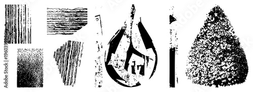 Graphic design elements with halftone, stipple, and art textures, vector, isolated foreground shapes, artistic brushstroke effects.