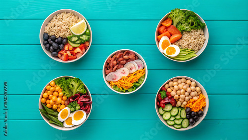 A Variety of Healthy Salads in Bowls on a Turquoise Wooden Table
