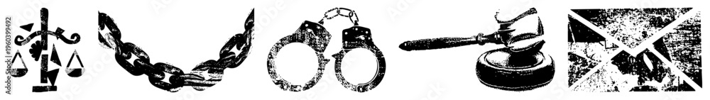 Obraz premium Justice scales, prison chain, handcuffs, gavel, law enforcement symbol, legal system, courtroom.