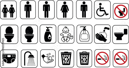 Black and white restroom and hygiene icon set vector illustration, public facility signage symbols, accessibility design artwork style
