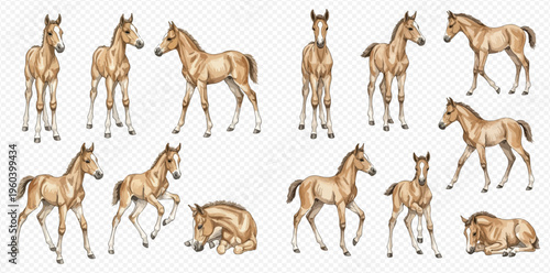 Set of cute foals in various poses, including standing, walking, and lying down, isolated on a transparent background.