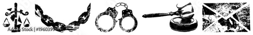Justice scales, prison chain, handcuffs, gavel, law enforcement symbol, legal system, courtroom.