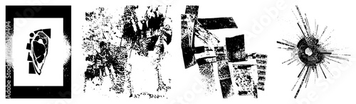 Black and white graphic with fragmented forms, halftone texture, abstract art, vector design, modern minimalism, digital illustration.