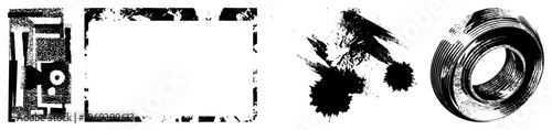 Grunge style ink blotches and distressed rectangular frames, halftone texture, graphic design elements, vector art, composition.