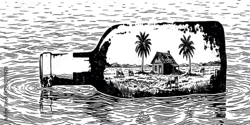 A vintage view of a countryside scene through a submerged old-fashioned camera lens.