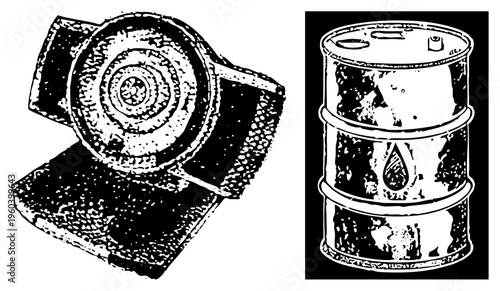 Rusty industrial gear and oil barrel with drop, mechanical components, vintage machinery, black and white vector illustration, industrial design.