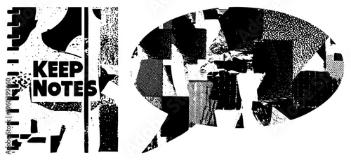 Bold "KEEP NOTES" text within a fragmented, halftone speech bubble, abstract graphic, retro typography, urban art style, black and white composition.