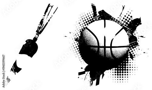 Urban street art vector of basketball and spray can, halftone splatter background, stencil graffiti, urban sports, black and white stencil design.