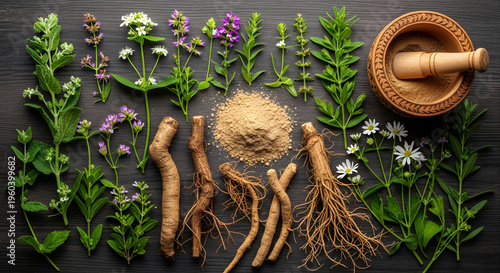 Herbal remedies and natural medicine ingredients arranged artfully.