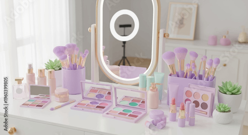 Pastel Makeup Vanity with Brushes, Palettes, and Lipsticks - Beauty Setup