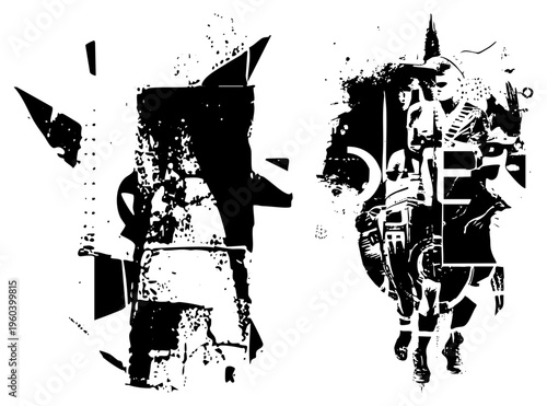 Bold graphic art featuring fragmented human figures and stylized text, urban street art aesthetic, high contrast stencil design, gritty texture, vector illustration.