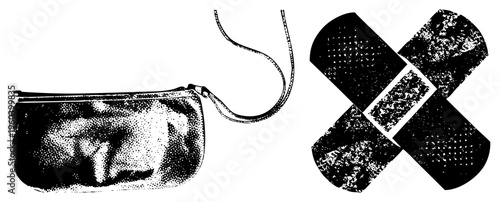 Black and white halftone clutch purse with zipper and strap, paired with adhesive bandages, medical first aid, stylized vector illustration.