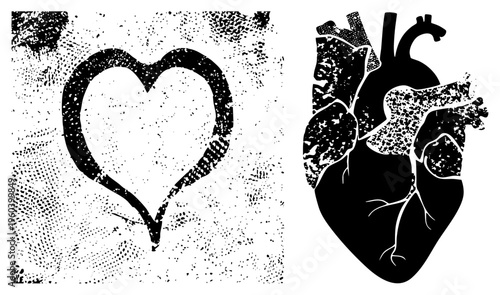 Graphic heart featuring symbolic and anatomical cutout, halftone dot overlay, vector art, medical and romantic motifs.