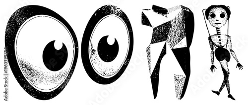 Two expressive cartoon eyes with halftone texture, abstract angular shape, vintage puppet character, black and white vector design, graphic illustration elements.