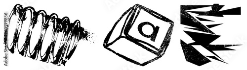 Stylized vector coiled spiral, cube with lowercase a, explosive arrow burst, hand drawn sketch style, isolated graphic elements.