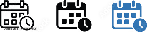Calendar, clock icon for scheduling and time management, deadline reminder symbol, business planning, appointments, meetings, productivity workflow organization.