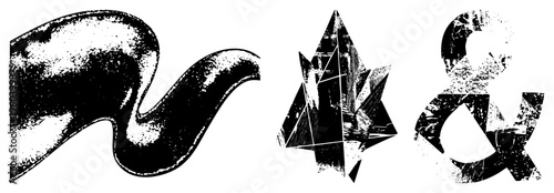 Stylized graphic symbols with distressed halftone textures, abstract shapes, retro typography, vector art, isolated set.