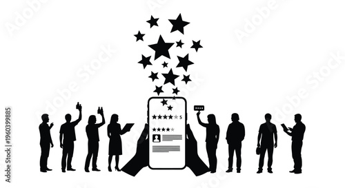 Black silhouettes of people rating mobile app, stars flying out, user review, feedback concept, vector graphics