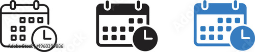 Calendar, clock icon for scheduling and time management, deadline reminder symbol, business planning, appointments, meetings, productivity workflow organization.
