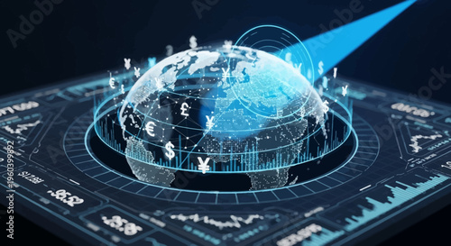 Global Finance Technology: Digital Earth with Currency Symbols and Data Charts