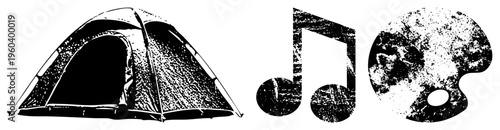 Three isolated vector dome tent for camping, musical note for melody, artist palette for painting all in gritty, textured black and white style.
