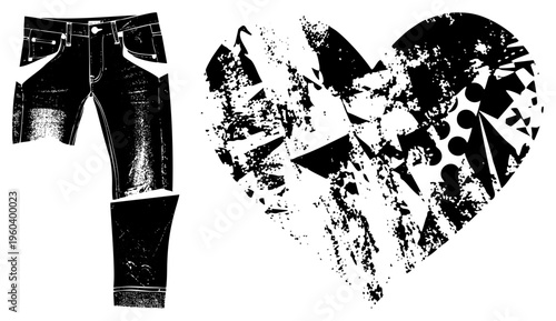 Graphic vector illustration of torn denim jeans and fragmented heart, halftone texture, distressed style, isolated design elements, fashion and emotion symbols.